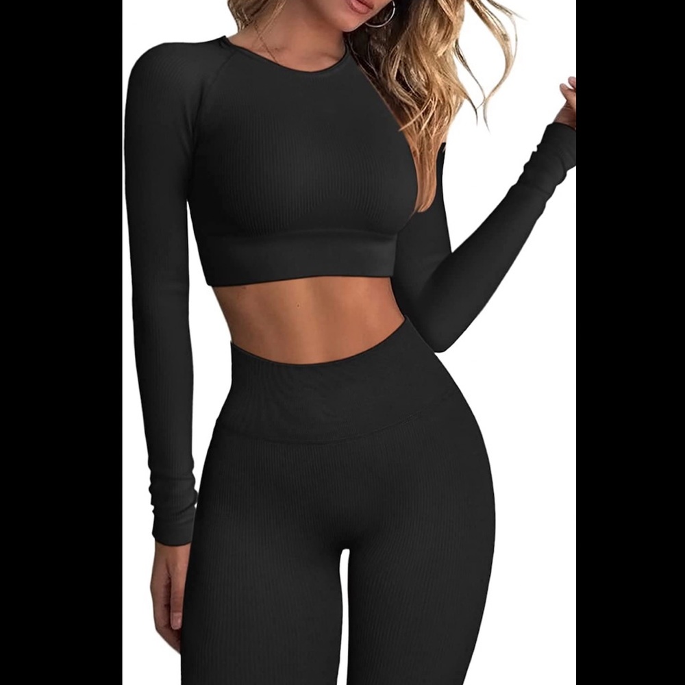 Two piece ribbed long sleeve crop top and tummy control leggings set